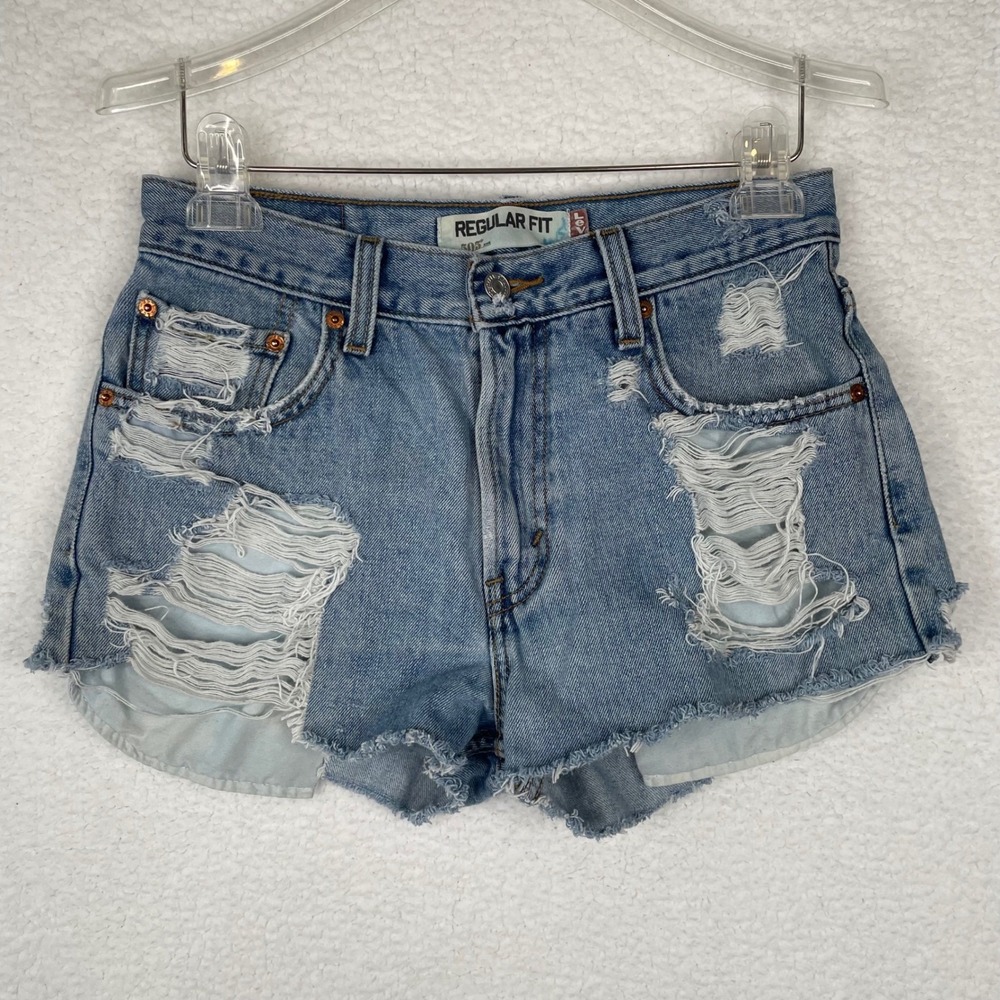 Levis 505 Regular Fit‎ Distressed Denim Shorts Light Wash Womens 30 Custom Cut